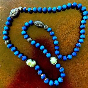 Natural Blue Round Matte Druzy Agate Beads with Pearl&Paved Crystal 30”Necklace